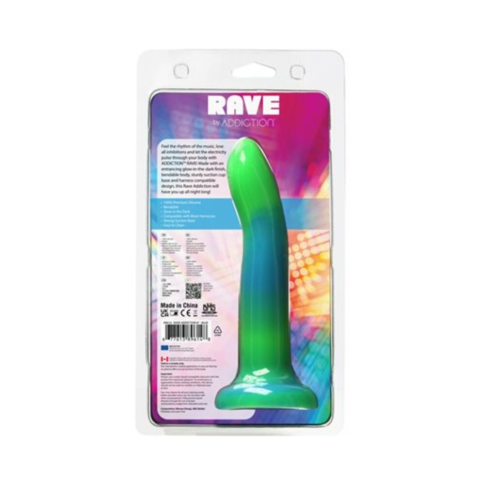 Addiction Rave Bendable 8 inches Silicone Dildo Glow in the Dark Blue Green