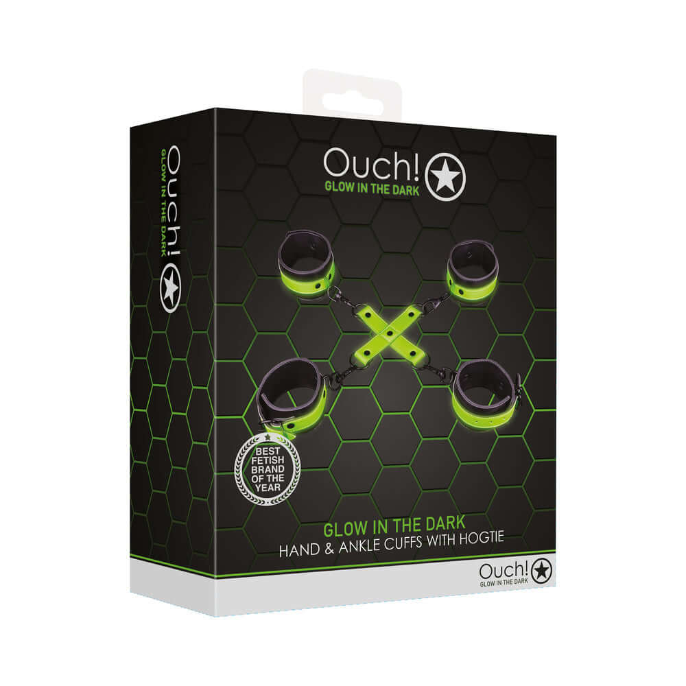 Ouch Glow in the Dark Hand & Ankle Cuffs With Hogtie Set Neon Green packaging design featuring glow-in-the-dark cuffs.
