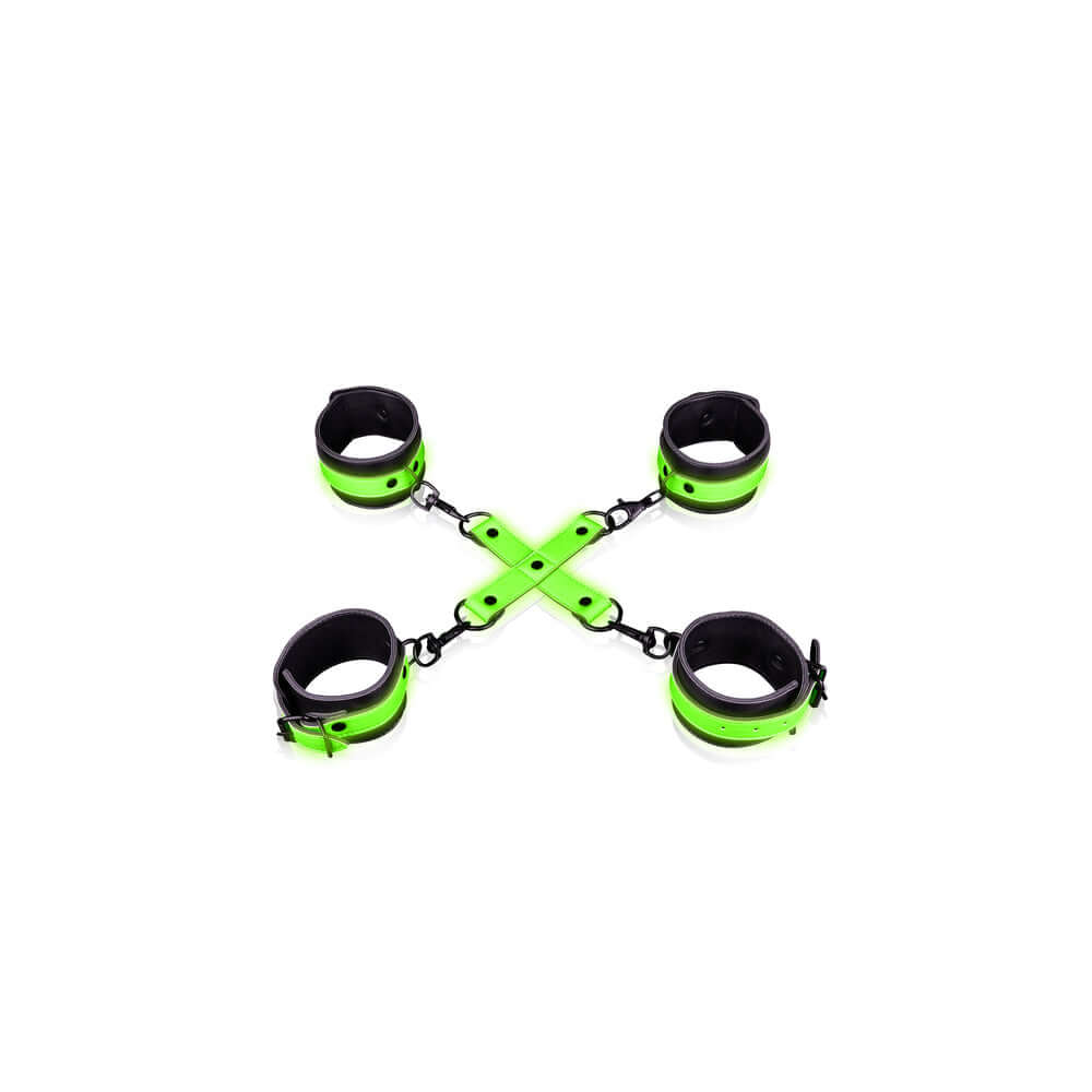 Ouch Glow in the Dark Hand & Ankle Cuffs With Hogtie Set Neon Green on a white background.