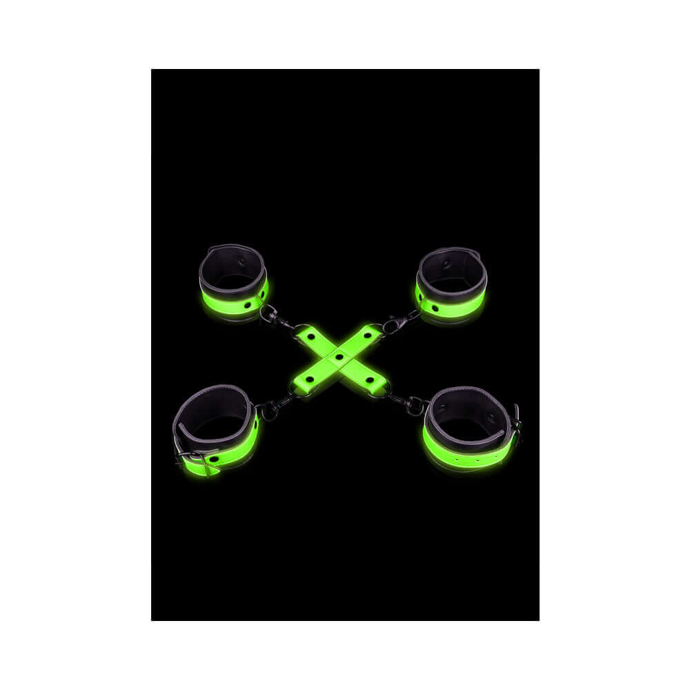 Ouch Glow in the Dark Hand & Ankle Cuffs With Hogtie Set Neon Green displayed on a dark background.
