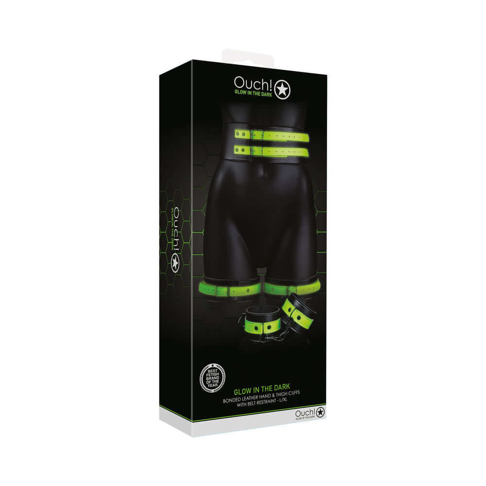 Ouch! Glow in the Dark 5-Piece Bonded Leather Thigh & Handcuffs With Belt Restraint Neon Green L/XL