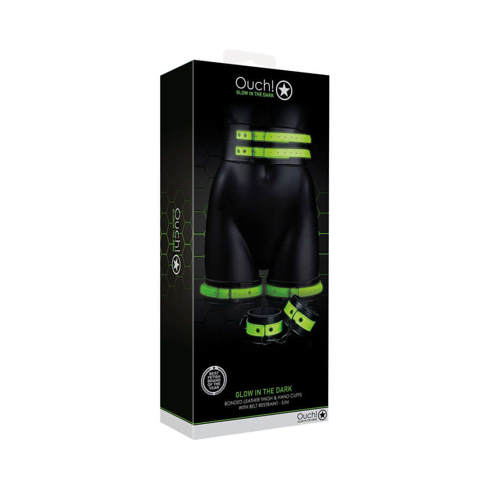 Ouch! Glow in the Dark 5-Piece Bonded Leather Thigh & Handcuffs With Belt Restraint Neon Green S/M
