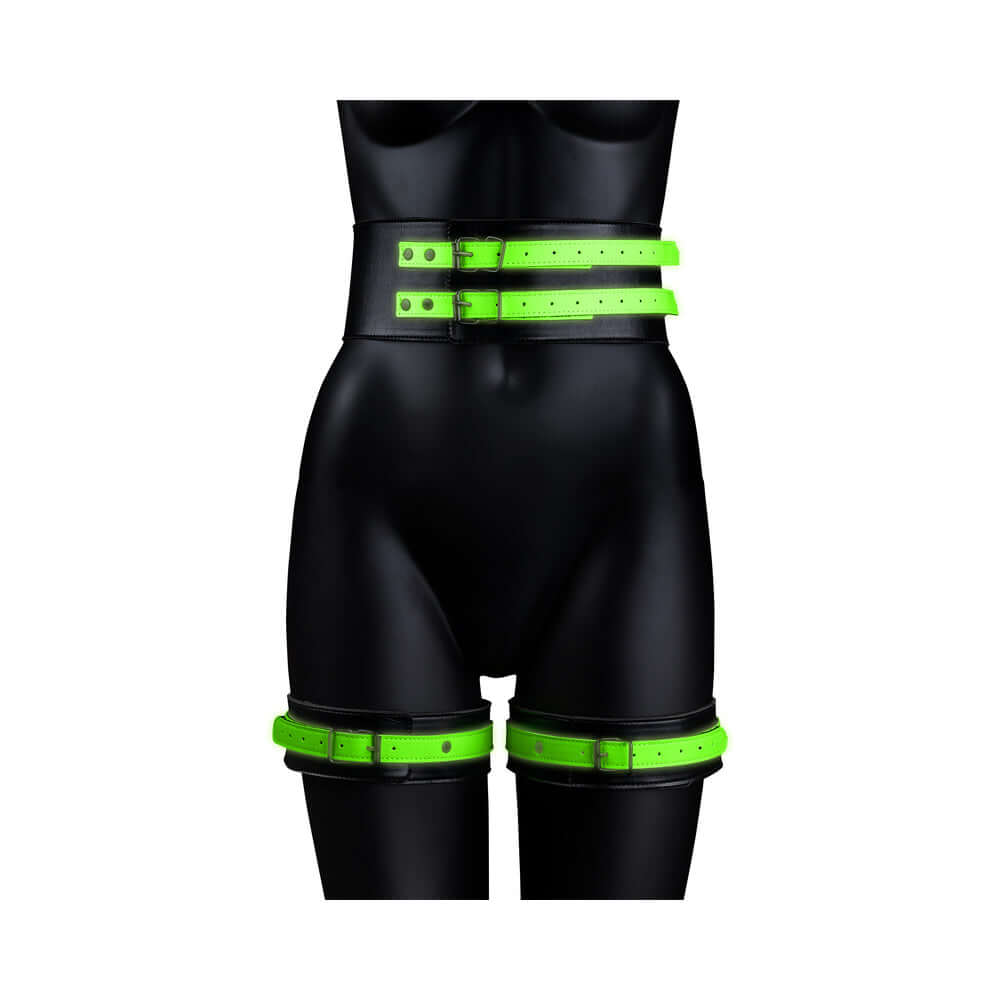 Ouch! Glow in the Dark 5-Piece Bonded Leather Thigh & Handcuffs With Belt Restraint Neon Green S/M