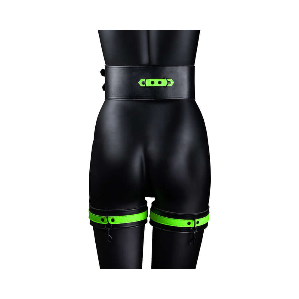 Ouch! Glow in the Dark 5-Piece Bonded Leather Thigh & Handcuffs With Belt Restraint Neon Green S/M