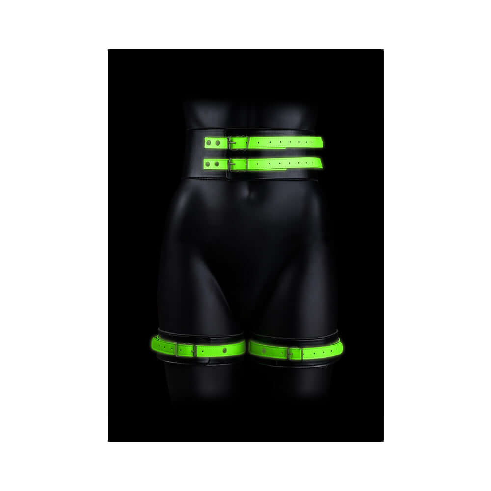 Ouch! Glow in the Dark 5-Piece Bonded Leather Thigh & Handcuffs With Belt Restraint Neon Green S/M