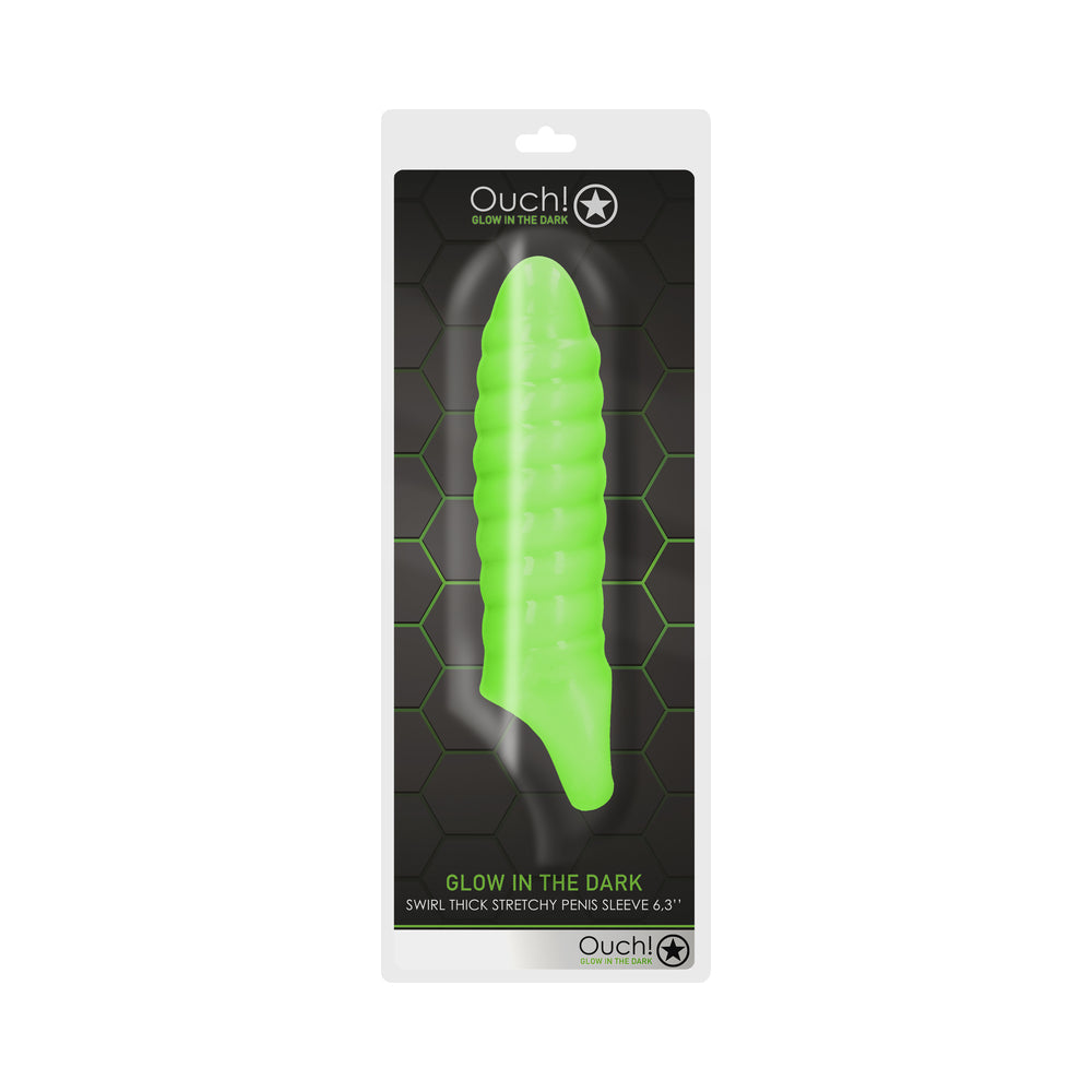 Ouch! Glow in the Dark Swirl Thick Stretchy 6.3 inches Penis Sleeve Neon Green