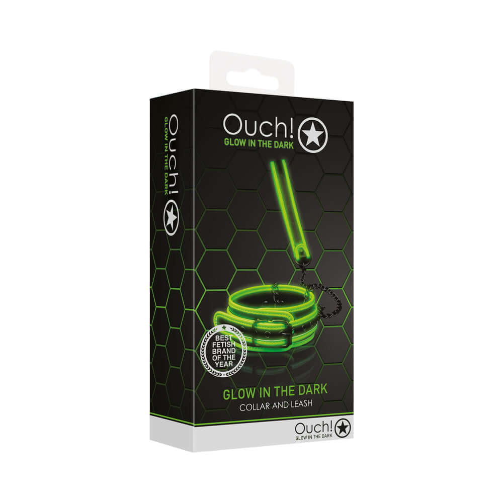Ouch Glow in the Dark Collar & Leash Set Neon Green packaging featuring a glow-in-the-dark design and bold branding.