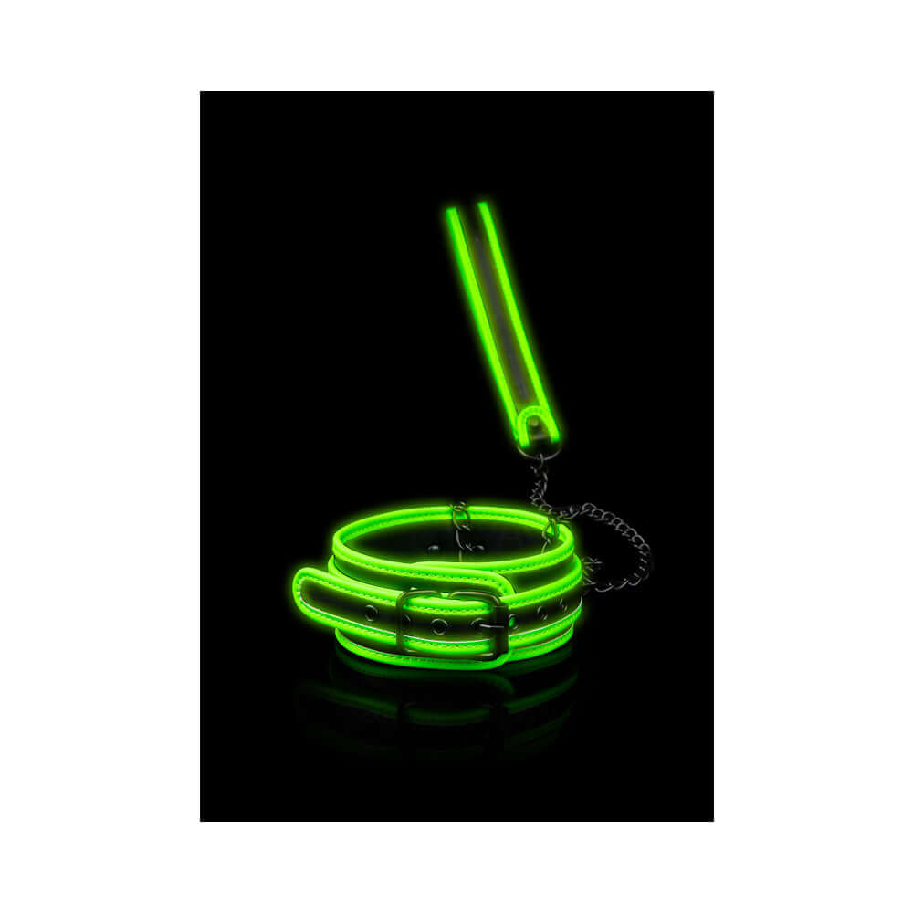 Ouch Glow in the Dark Collar & Leash Set Neon Green featuring a bright neon design on a black background.