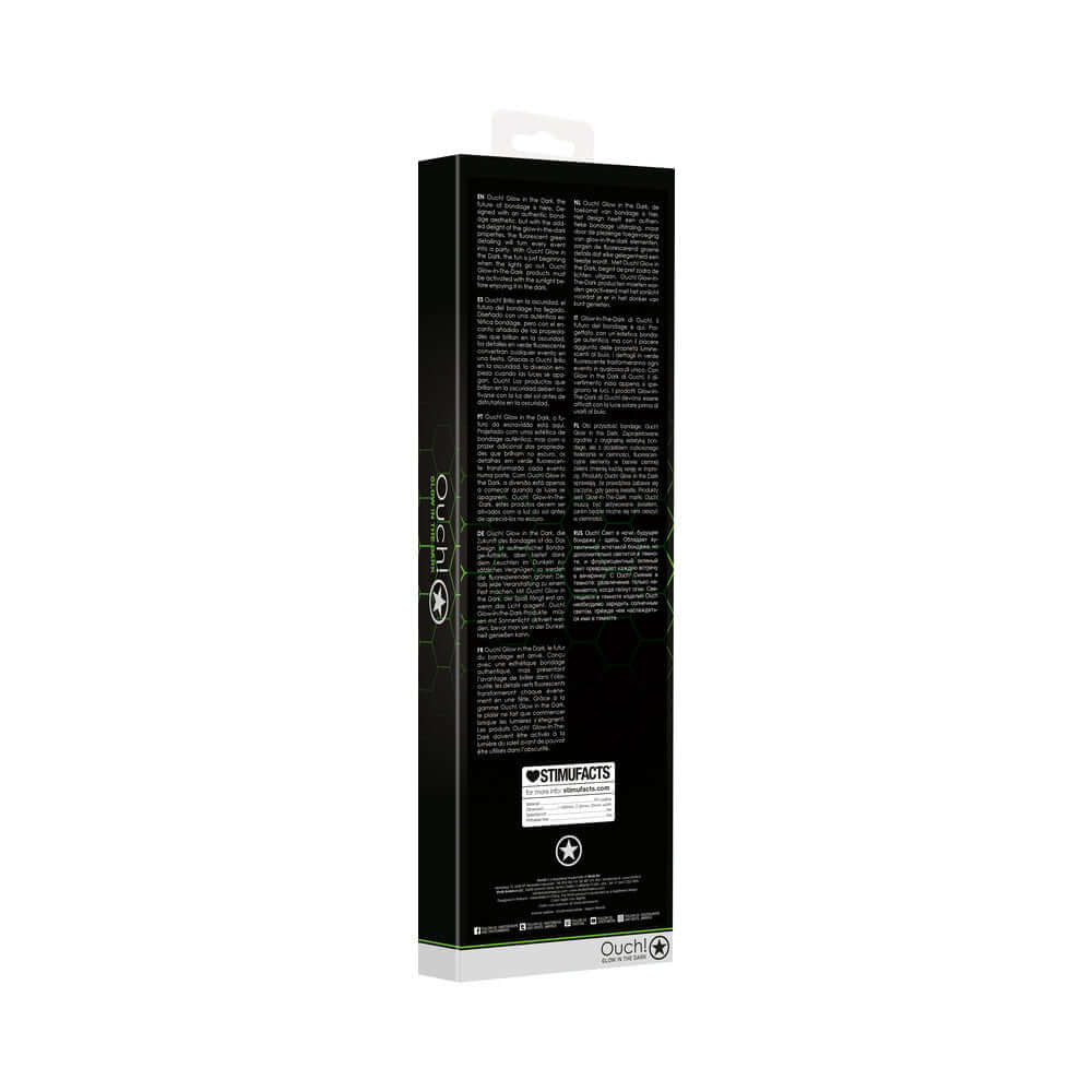 Ouch Glow in the Dark Bonded Leather Flogger Neon Green packaging back view with product details and descriptions.