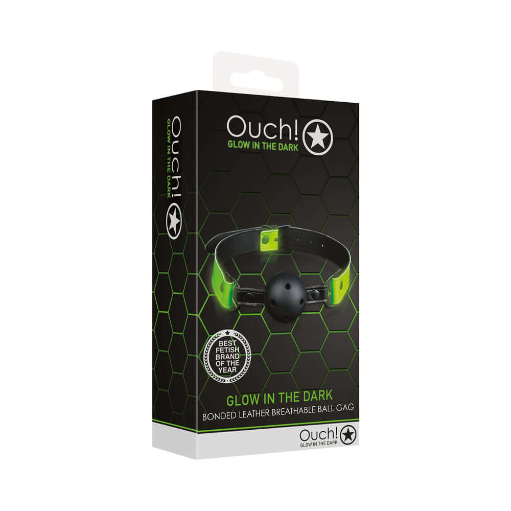 Ouch Glow in the Dark Bonded Leather Breathable Ball Gag Neon Green packaging with hexagonal design and bright colors.