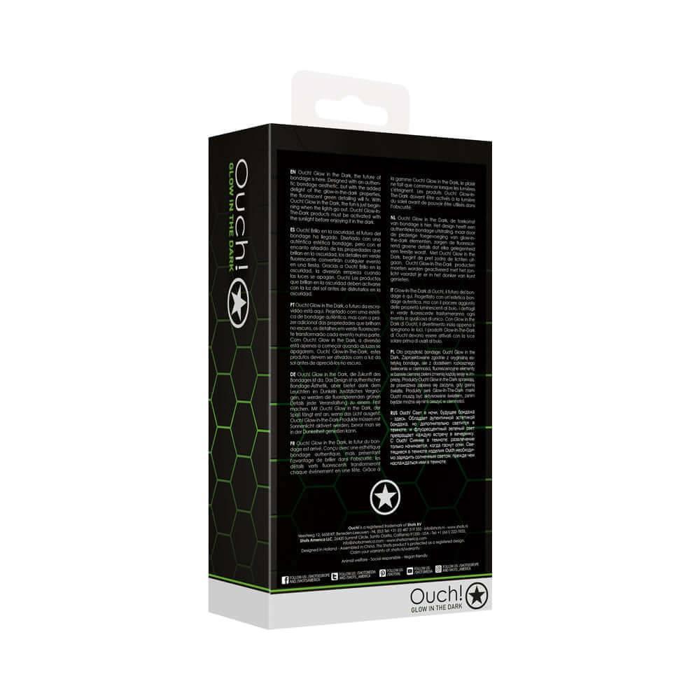 Ouch Glow in the Dark Bonded Leather Breathable Ball Gag Neon Green packaging showing product details and features.
