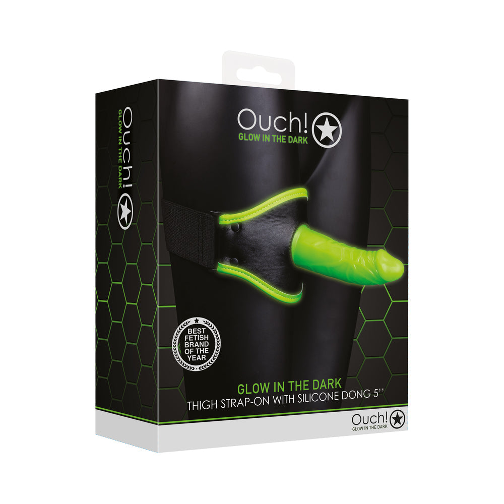 Ouch! Glow in the Dark Thigh Strap-On Harness With 5 inches Silicone Dildo Neon Green