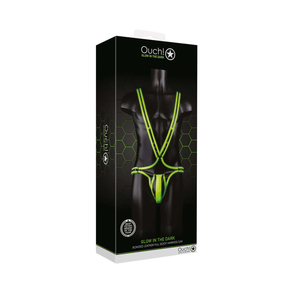 Ouch! Glow in the Dark Bonded Leather Full-Body Harness Neon Green S/M