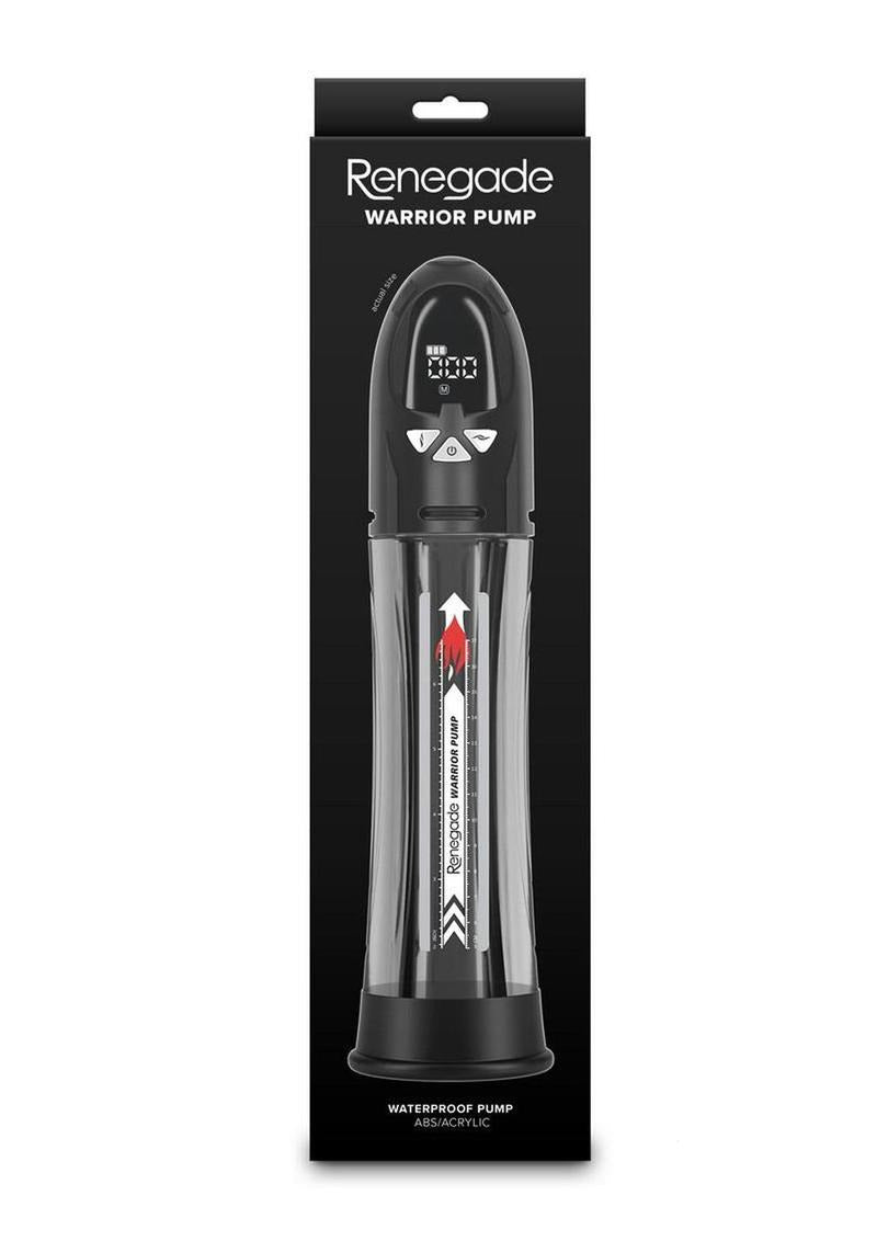 Renegade Warrior Rechargeable Pump Black packaging with waterproof design and digital display features.