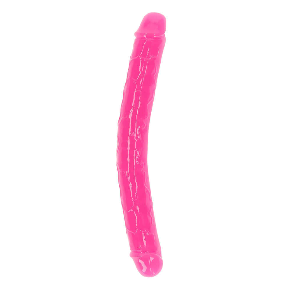 RealRock Glow in the Dark Double Dong 12 inch Neon Pink, flexible dual-ended dildo in vibrant neon pink.