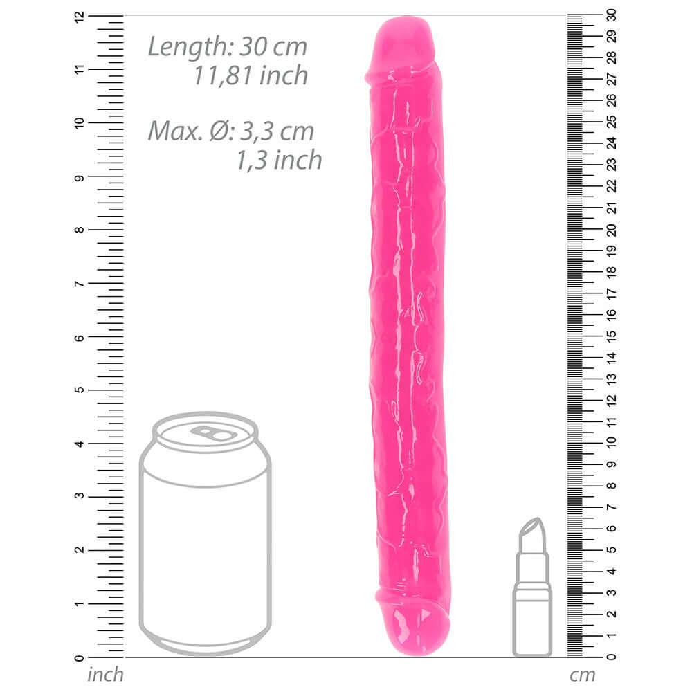RealRock Glow in the Dark Double Dong 12 inch Neon Pink displayed with measurement details and comparison to a can.