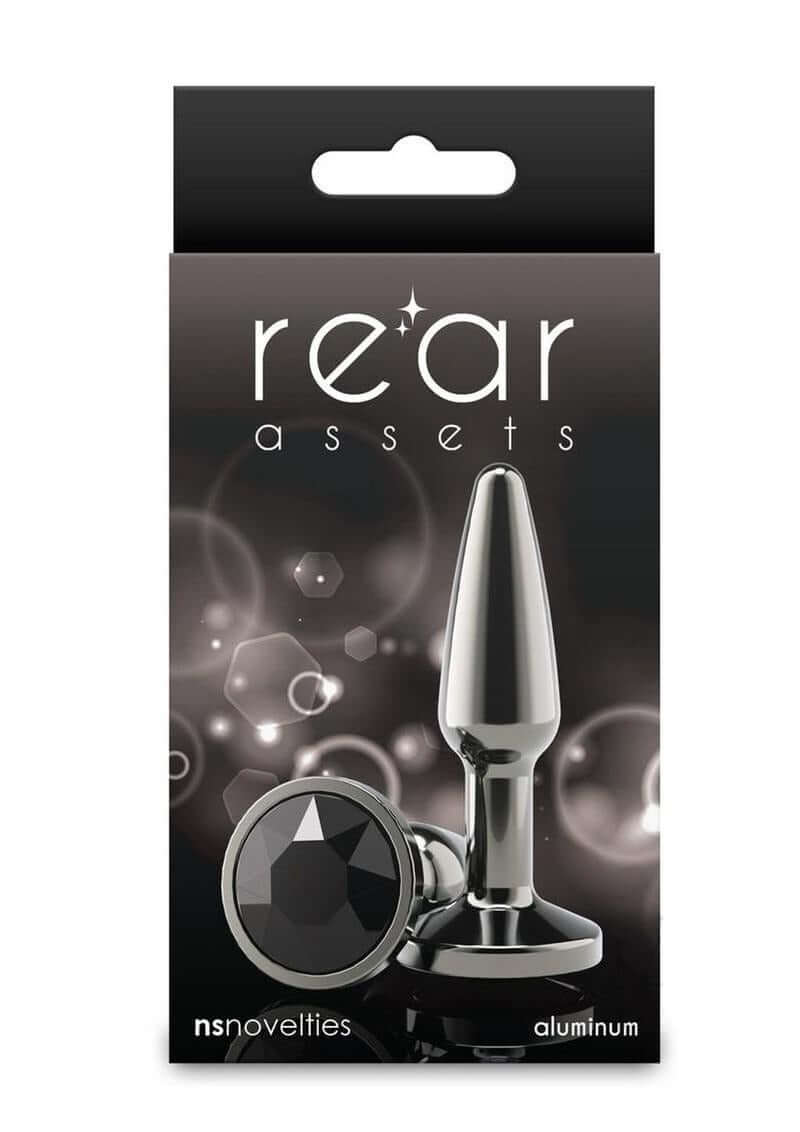 Rear Assets Chrome Tapered Anal Plug Small Gray packaging featuring aluminum design and sleek chrome finish.