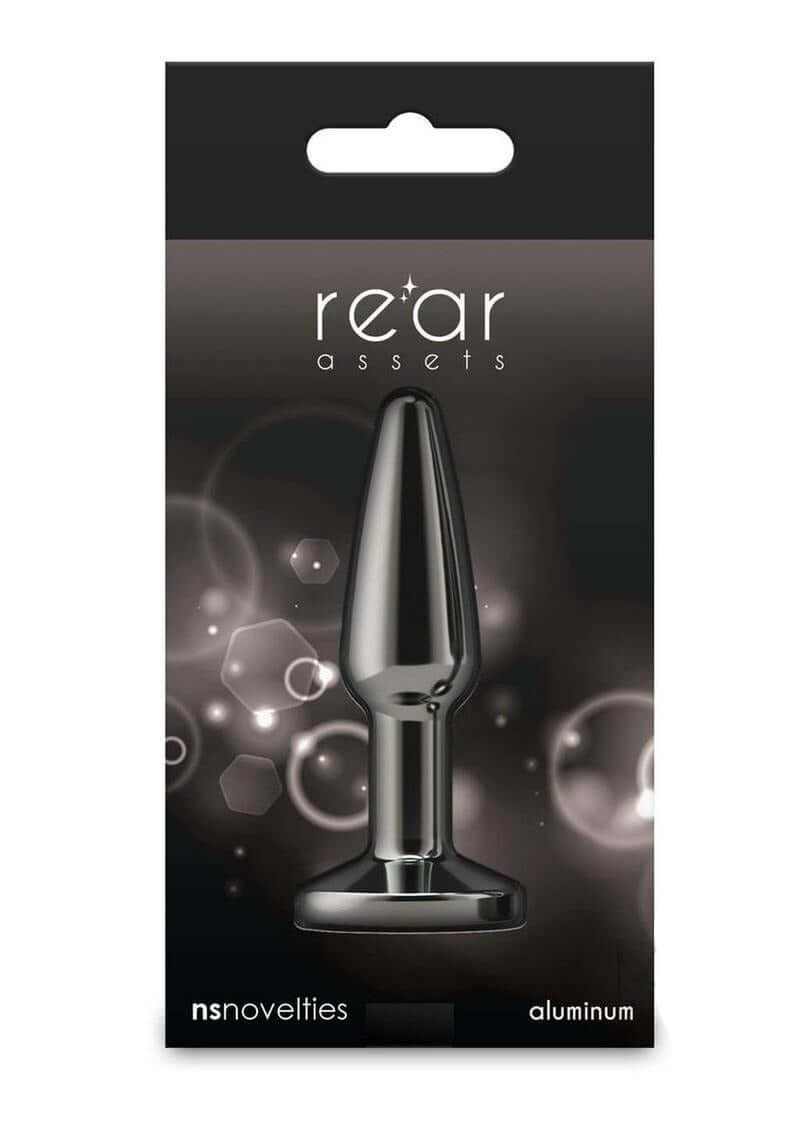Rear Assets Chrome Tapered Anal Plug Small Gray in packaging with sleek chrome finish and tapered design.