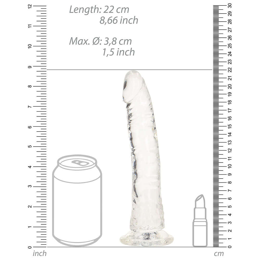 RealRock Crystal Clear Slim 8 inches Dildo Clear with measurement markings alongside a can and lipstick for size reference.