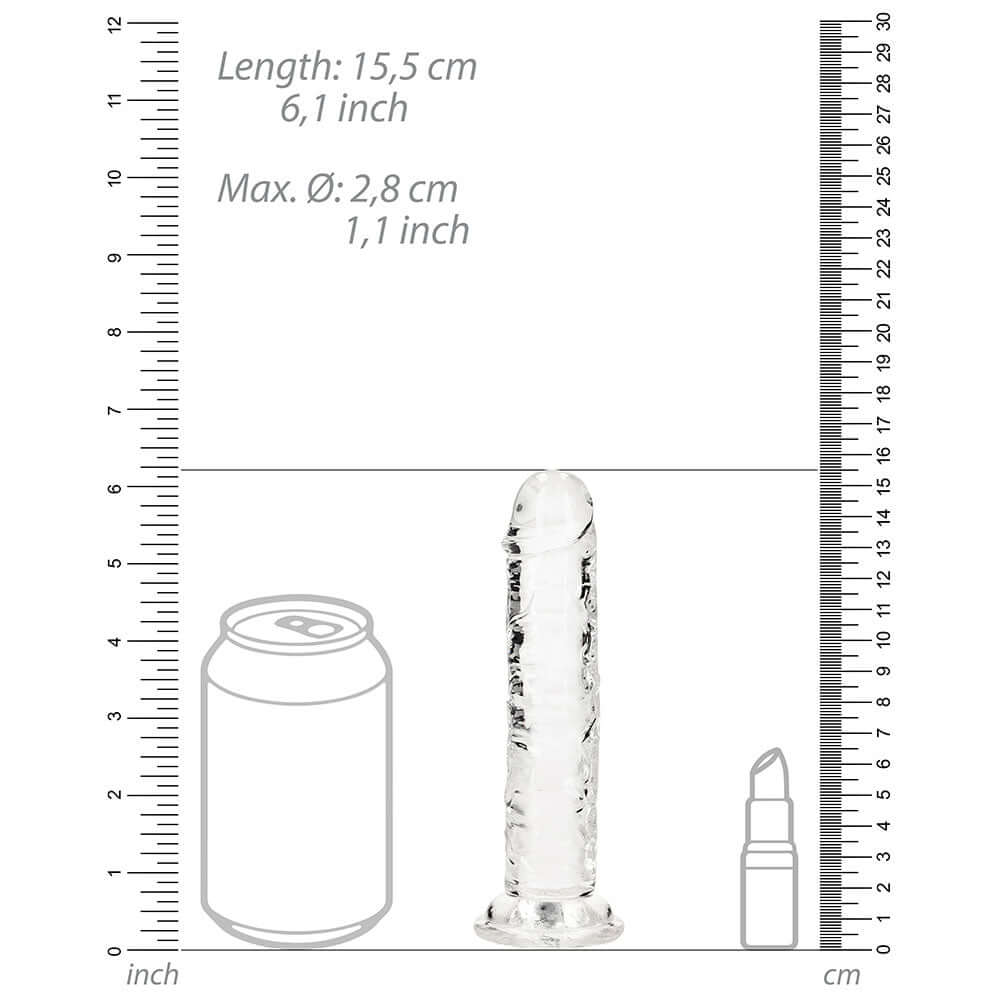 RealRock Crystal Clear Straight 6 inches Dildo Without Balls Clear dimensions with scale measurements.