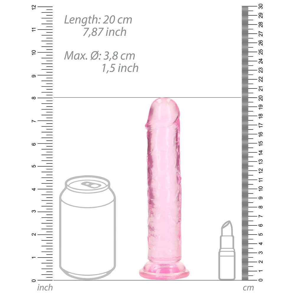 RealRock Crystal Clear Straight 7 inches Dildo Pink dimensions comparison with can and lip balm