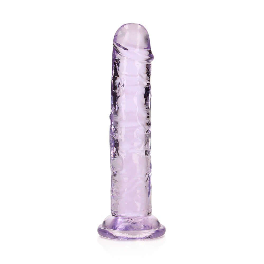 RealRock Crystal Clear Straight 6 inches Dildo Without Balls Purple on a white background.