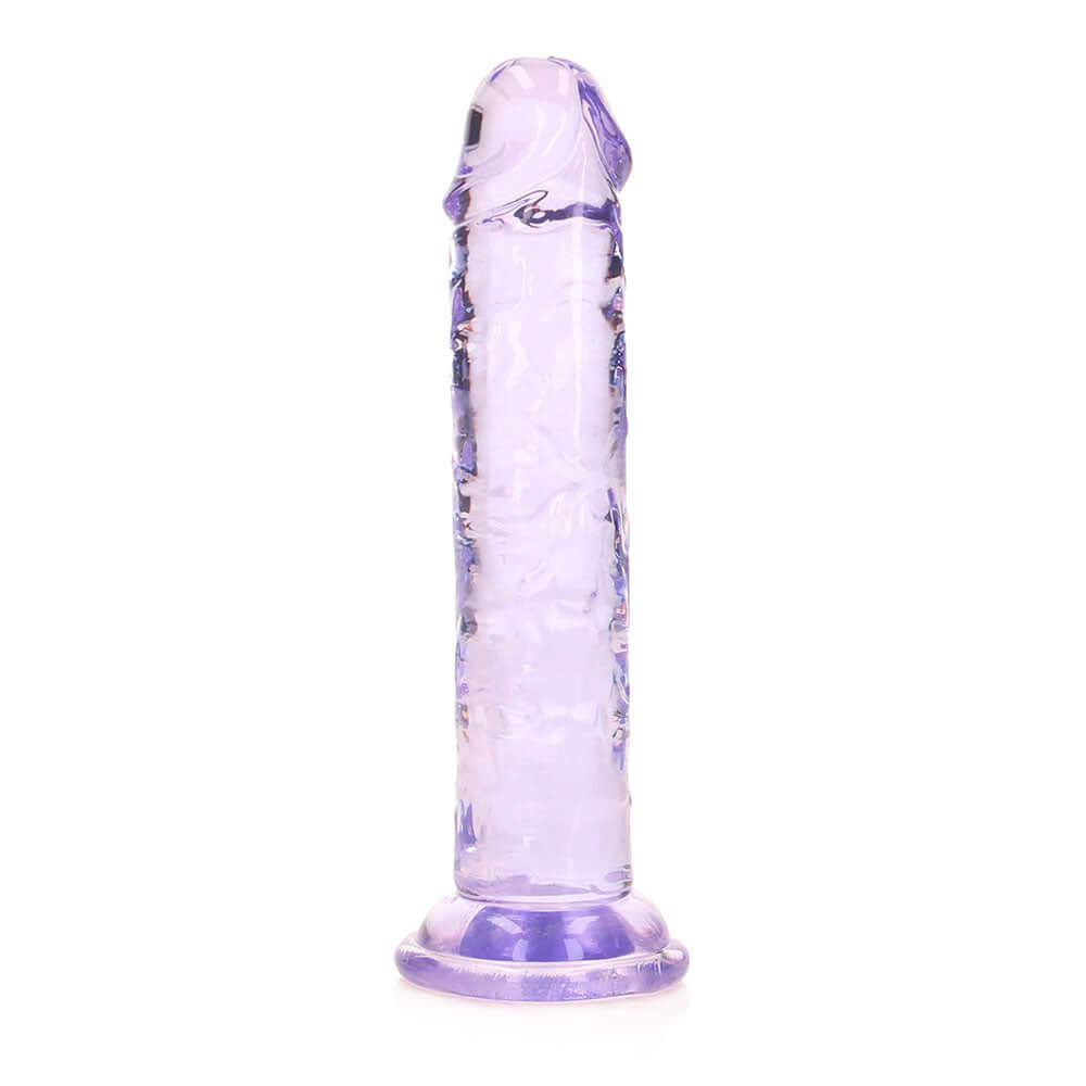 RealRock Crystal Clear Straight 6 inches Dildo Without Balls Purple on a white background.
