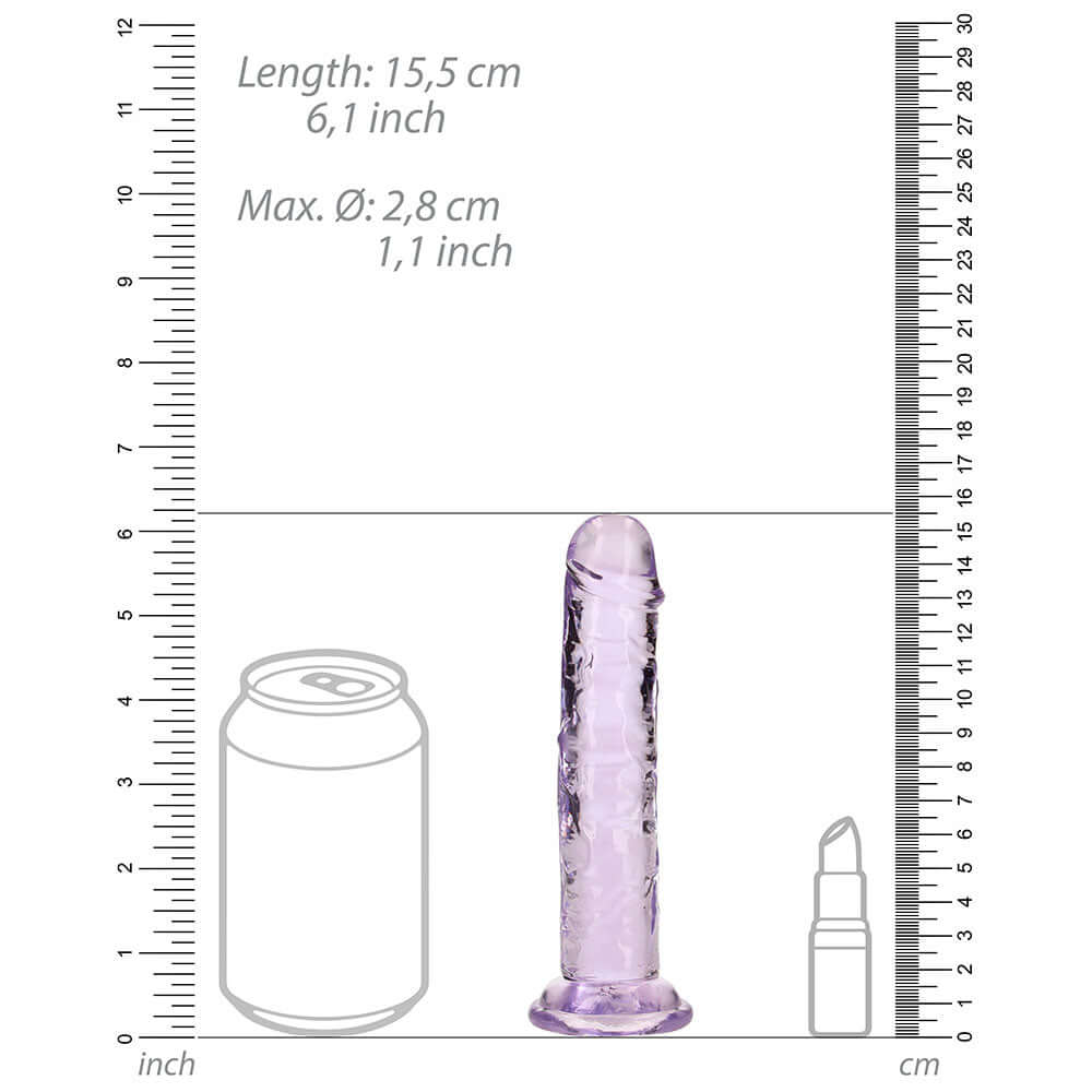 RealRock Crystal Clear Straight 6 inches Dildo Without Balls Purple with measurement details and size comparison.
