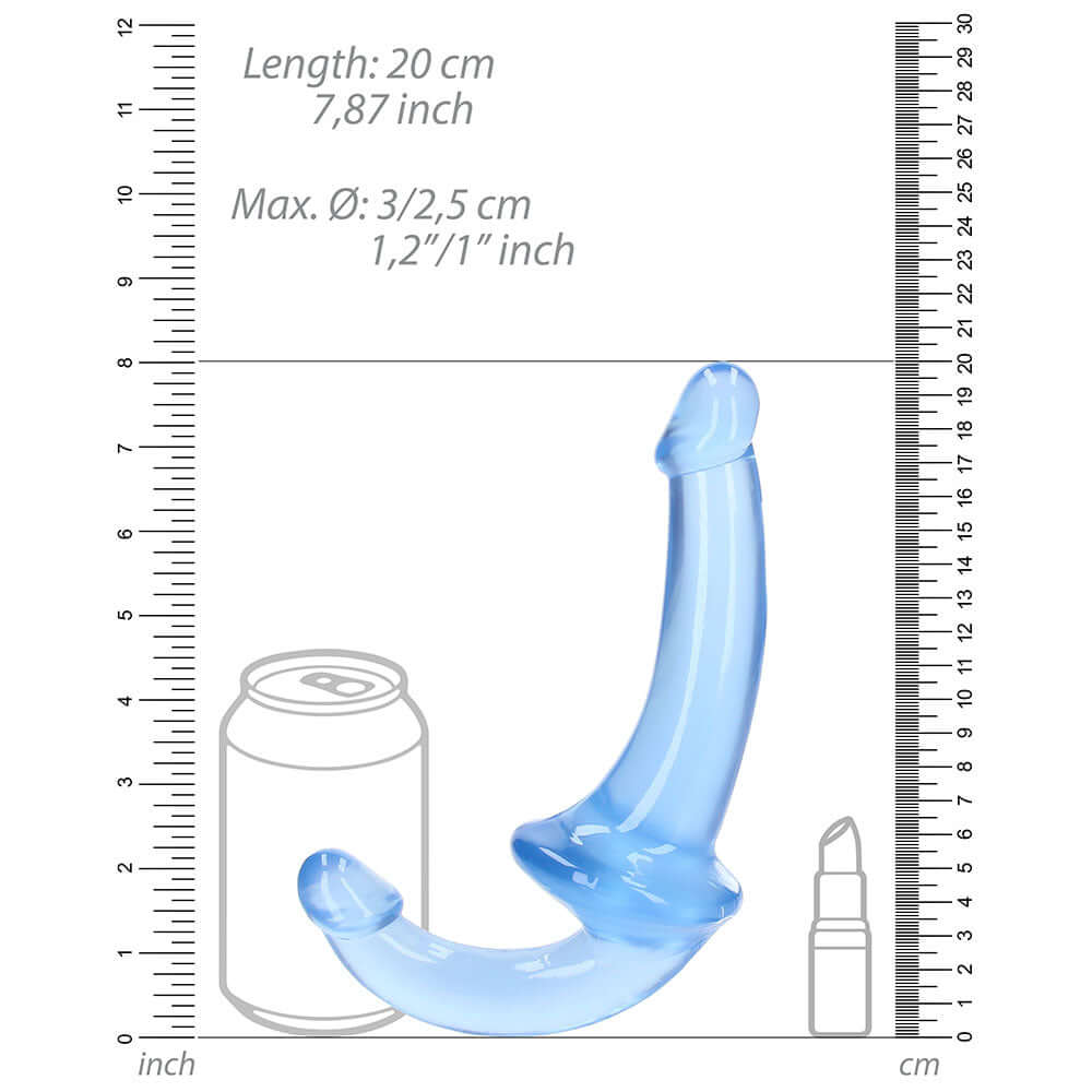 RealRock Crystal Clear 6 inches Strapless Strap-On Dildo Blue with measurement scale next to a can and lipstick for size reference.