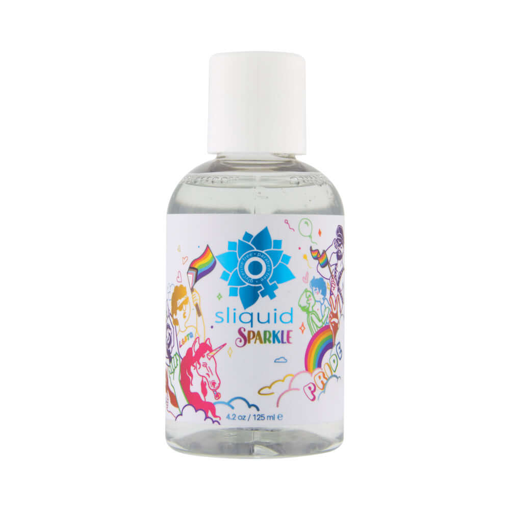 Sliquid Naturals Sparkle Pride Water-Based Lubricant 4.2 Oz bottle with colorful packaging celebrating pride.