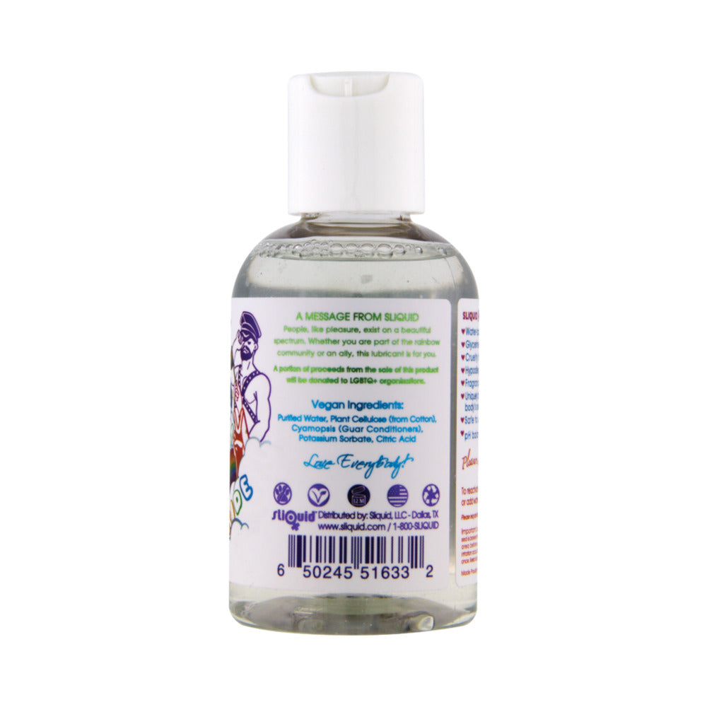 Sliquid Naturals Sparkle Pride Water-Based Lubricant 4.2 Oz bottle back label showcasing vegan ingredients and product information.
