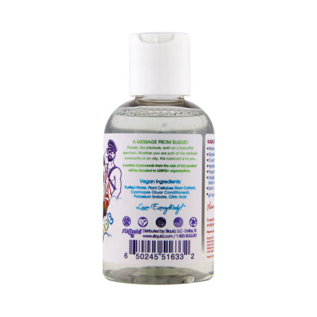 Sliquid Naturals Sparkle Pride Water-Based Lubricant 4.2 Oz bottle back label showcasing vegan ingredients and product information.