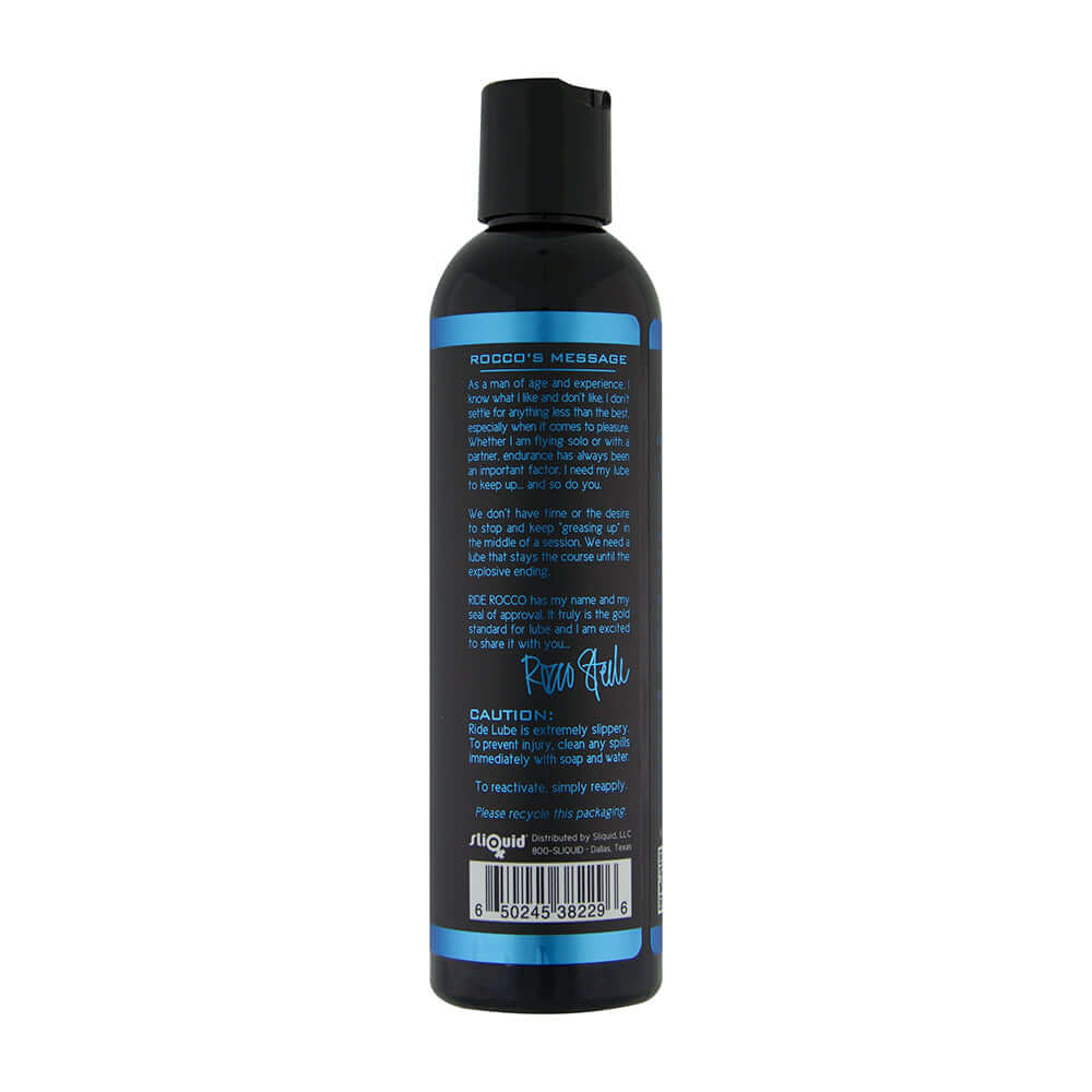 Ride Rocco Seed Hybrid Lubricant 8.5 Oz bottle back view with usage instructions and caution label.