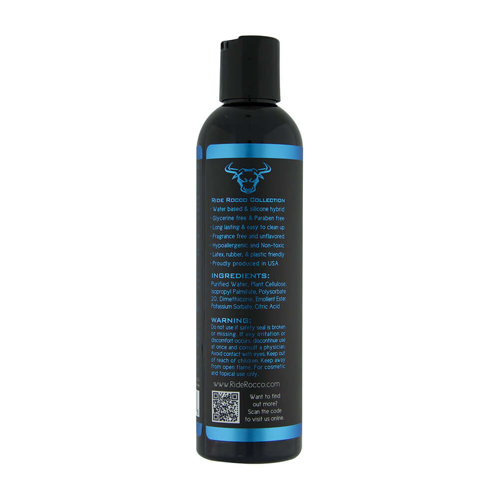 Ride Rocco Seed Hybrid Lubricant 8.5 Oz bottle back view with ingredient details and usage warnings.