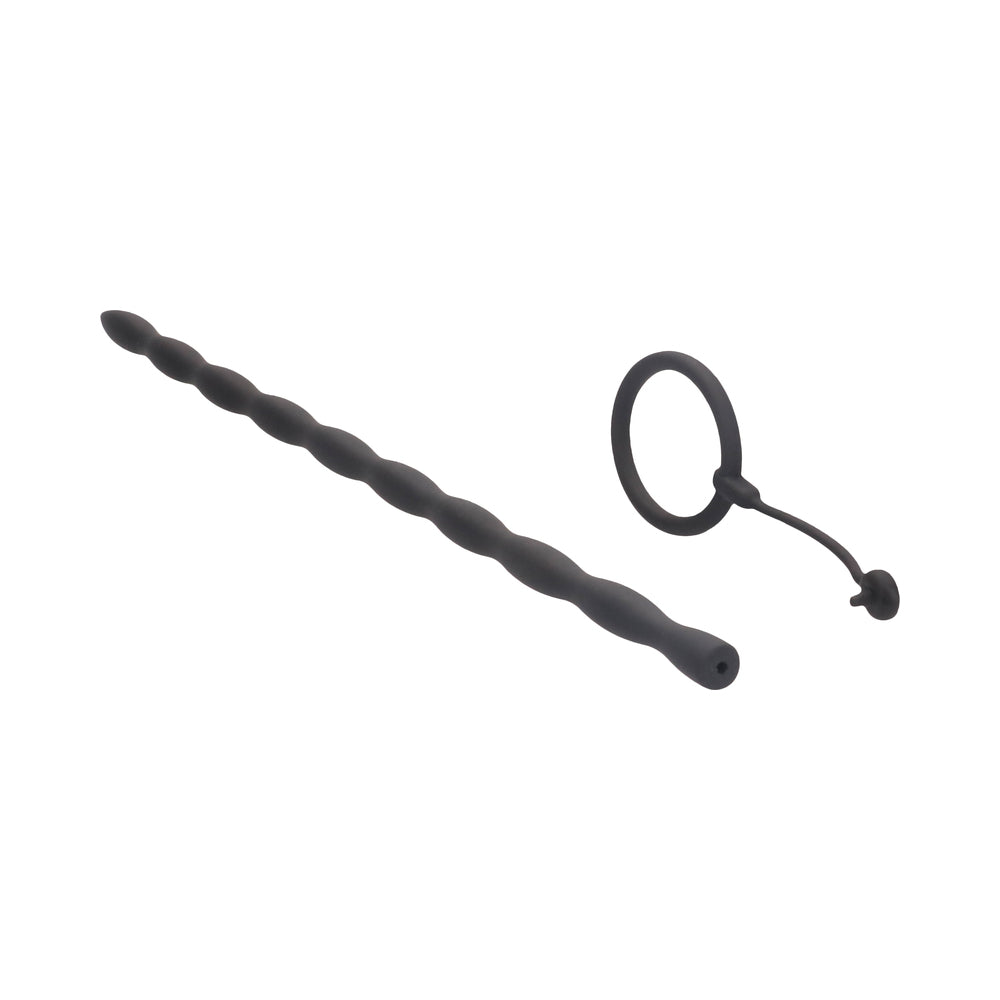 Ouch! Urethral Sounding Silicone Plug & Cock Ring Set Black 10 mm