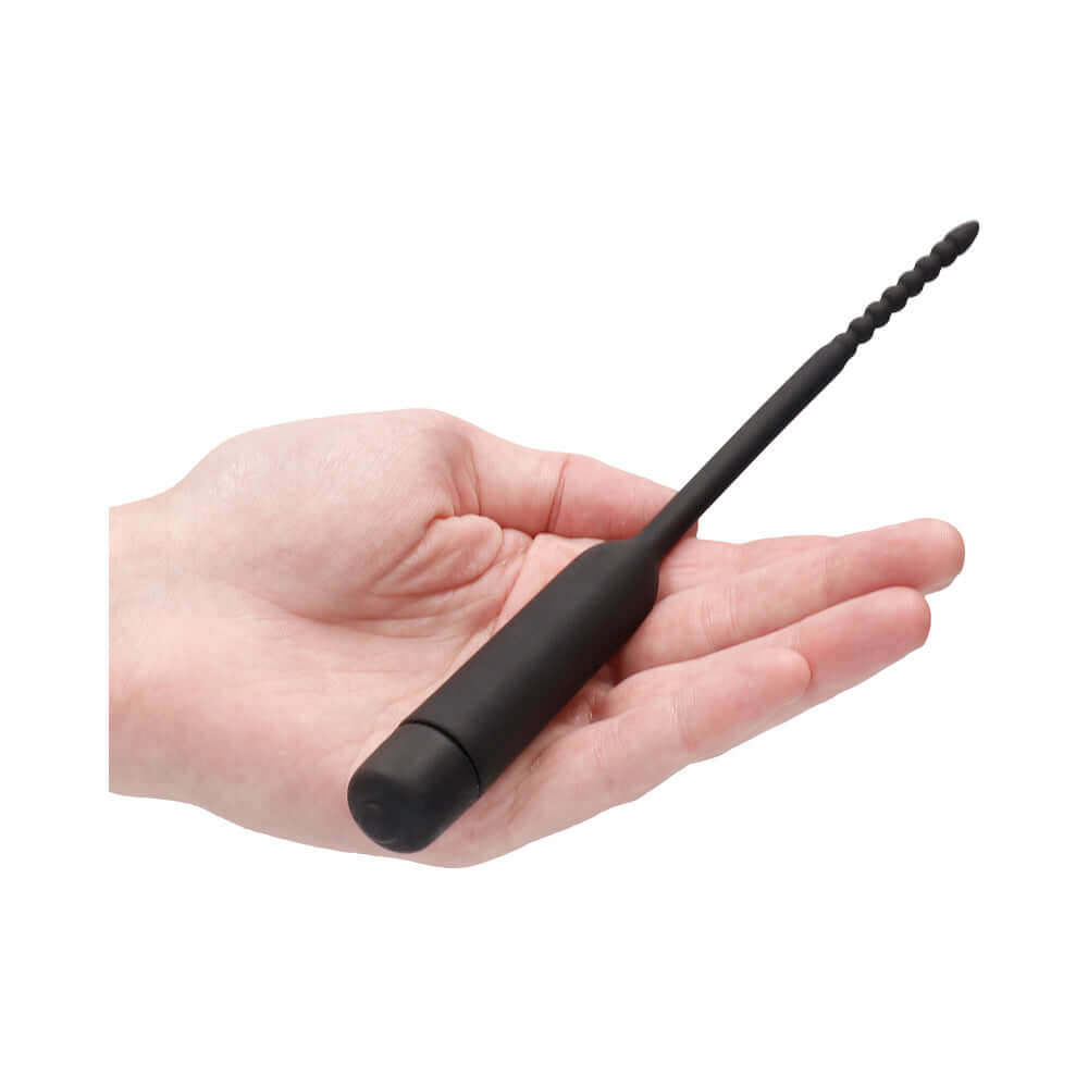 Ouch! Urethral Sounding Silicone Vibrating Bullet Plug With Beaded Tip Black 5.5 mm - 7 mm