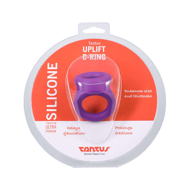 Tantus Uplift C-Ring Cock & Ball Sling Purple, silicone dual-ring designed for enhanced support and stimulation.