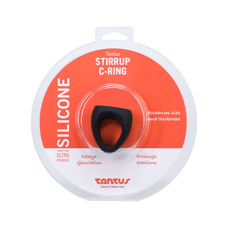 Tantus Stirrup C-Ring Cock & Ball Sling Black package showcasing the silicone design for enhanced performance.