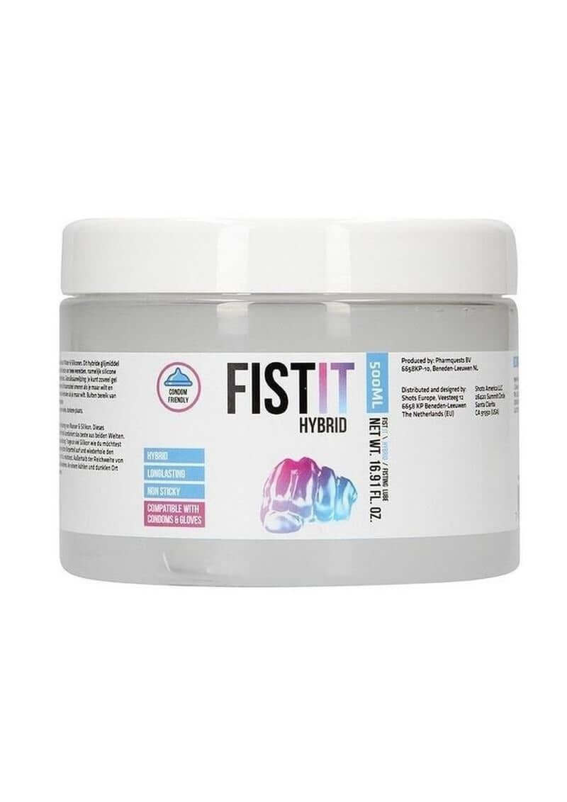 Fist It Hybrid Glide Lubricant 500 ml packaging with gel details and usage instructions.
