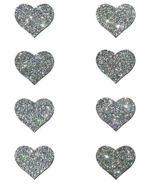 Pastease Mini Glitter Hearts Pasties Silver Pack of 8 – shimmering heart-shaped pasties for playful coverage.