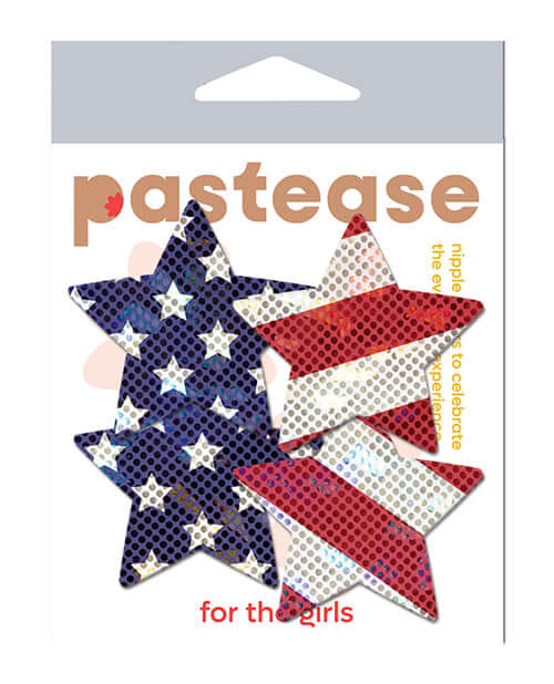 Two-Pair Small Glittering Stars & Stripes Star Nipple Pasties packaging with patriotic star designs.