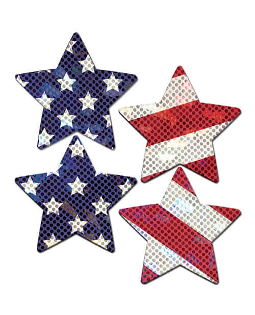 Two-Pair Small Glittering Stars & Stripes Star Nipple Pasties design featuring red, white, and blue star shapes.