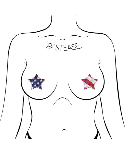 Two-Pair Small Glittering Stars & Stripes Star Nipple Pasties on a model, showcasing a fun, patriotic design.