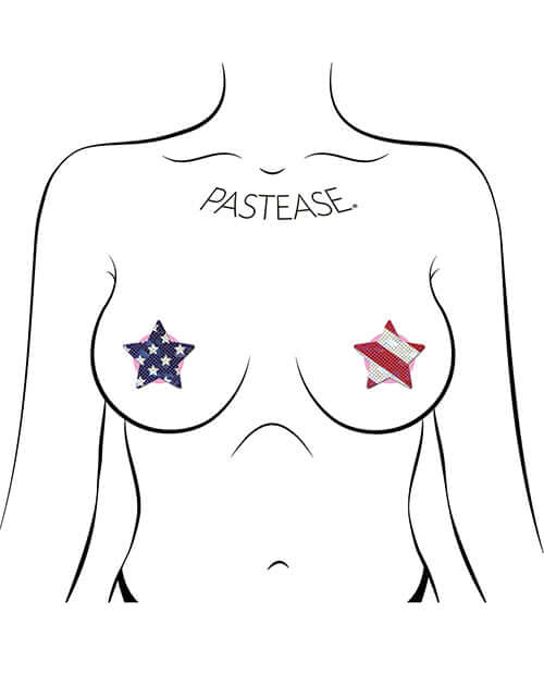 Two-Pair Small Glittering Stars & Stripes Star Nipple Pasties on a model, showcasing a fun, patriotic design.