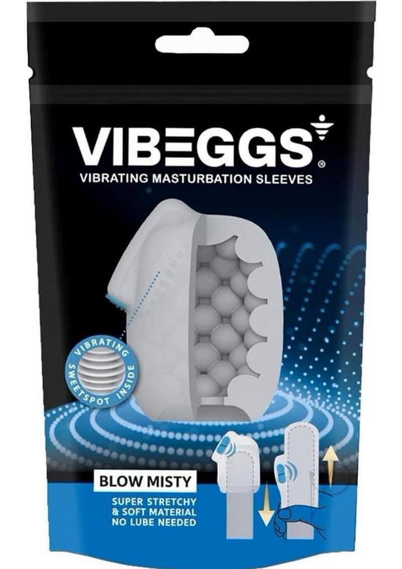 VIBEGGS Vibrating Masturbation Sleeves Blow Misty packaging featuring a soft, stretchy design with vibrating internal texture.