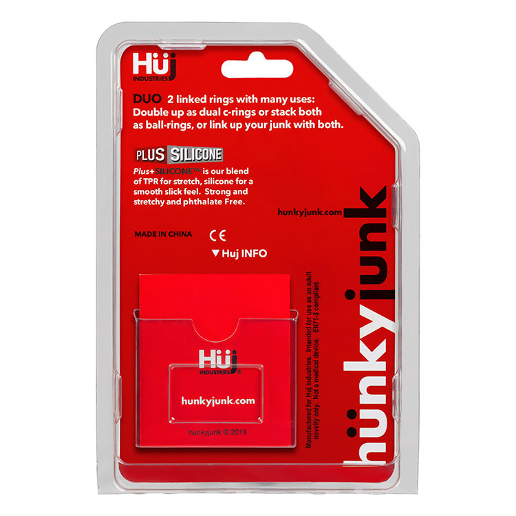 Hunky Junk Duo Linked Cock and Ball Rings Cobalt packaging featuring dual rings for enhanced support and comfort.