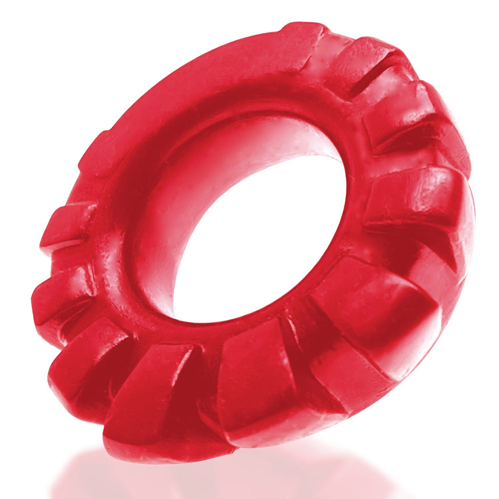 Oxballs Cock-Lug Lugged Silicone Cock Ring Red showing its plush, stretchy design and unique lugged texture.