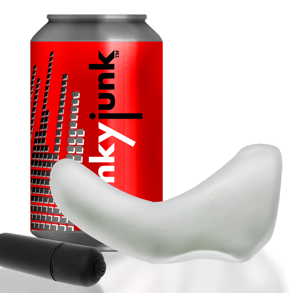Buzzfuck Sling With Taint Vibe White Ice alongside a hünkyjunk can, showcasing innovative design for stimulation.