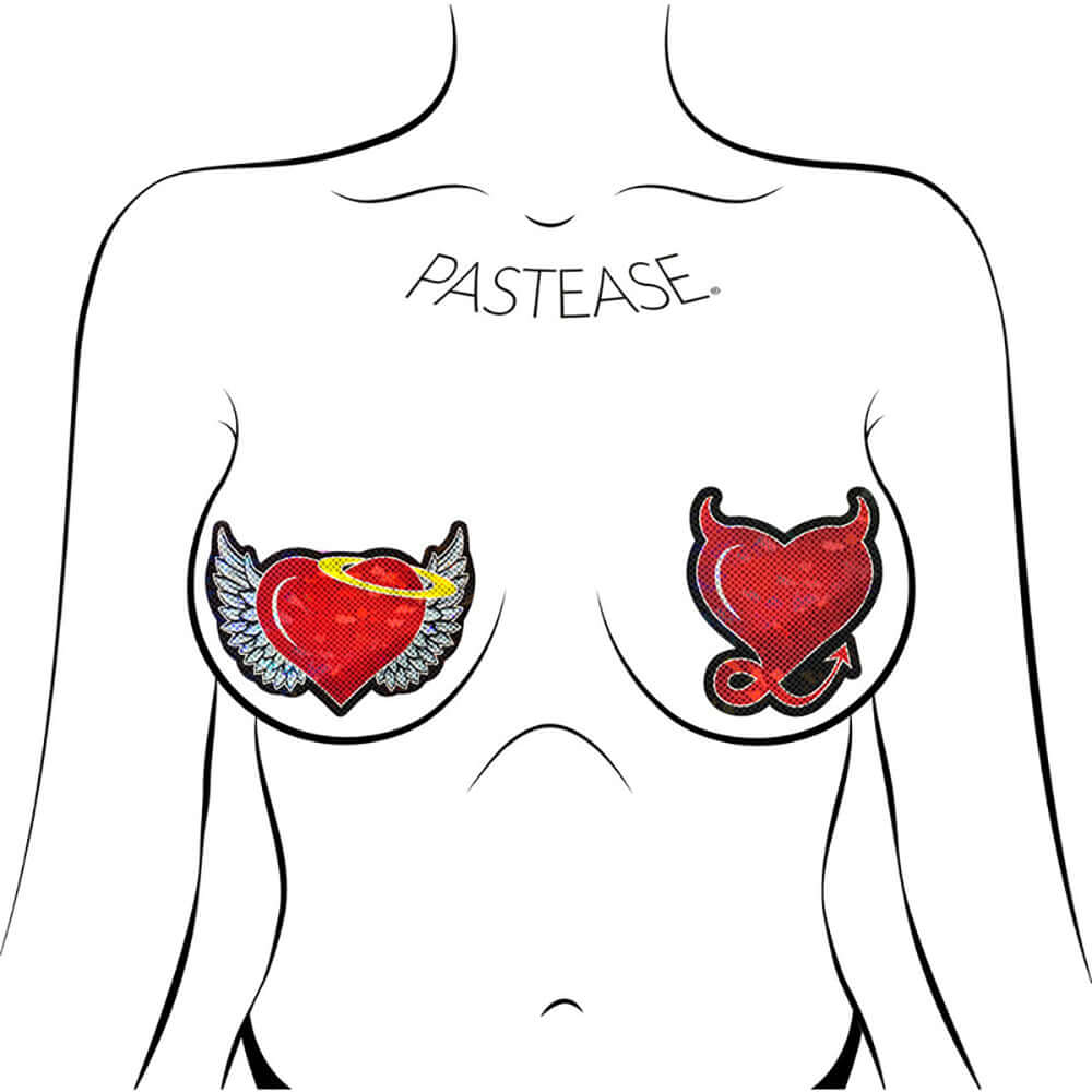 Pastease Angel & Devil Heart: Red Glitter Hearts with Wings, Halo, Horns & Tail Nipple Pasties