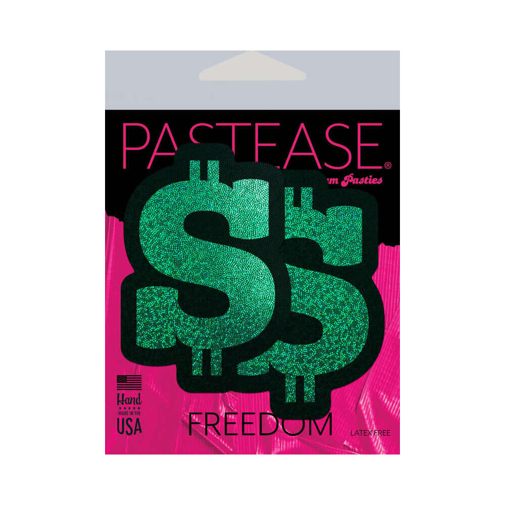 Pastease Money Green Glitter Dollar Sign Nipple Pasties packaging showcasing vibrant green dollar sign design.